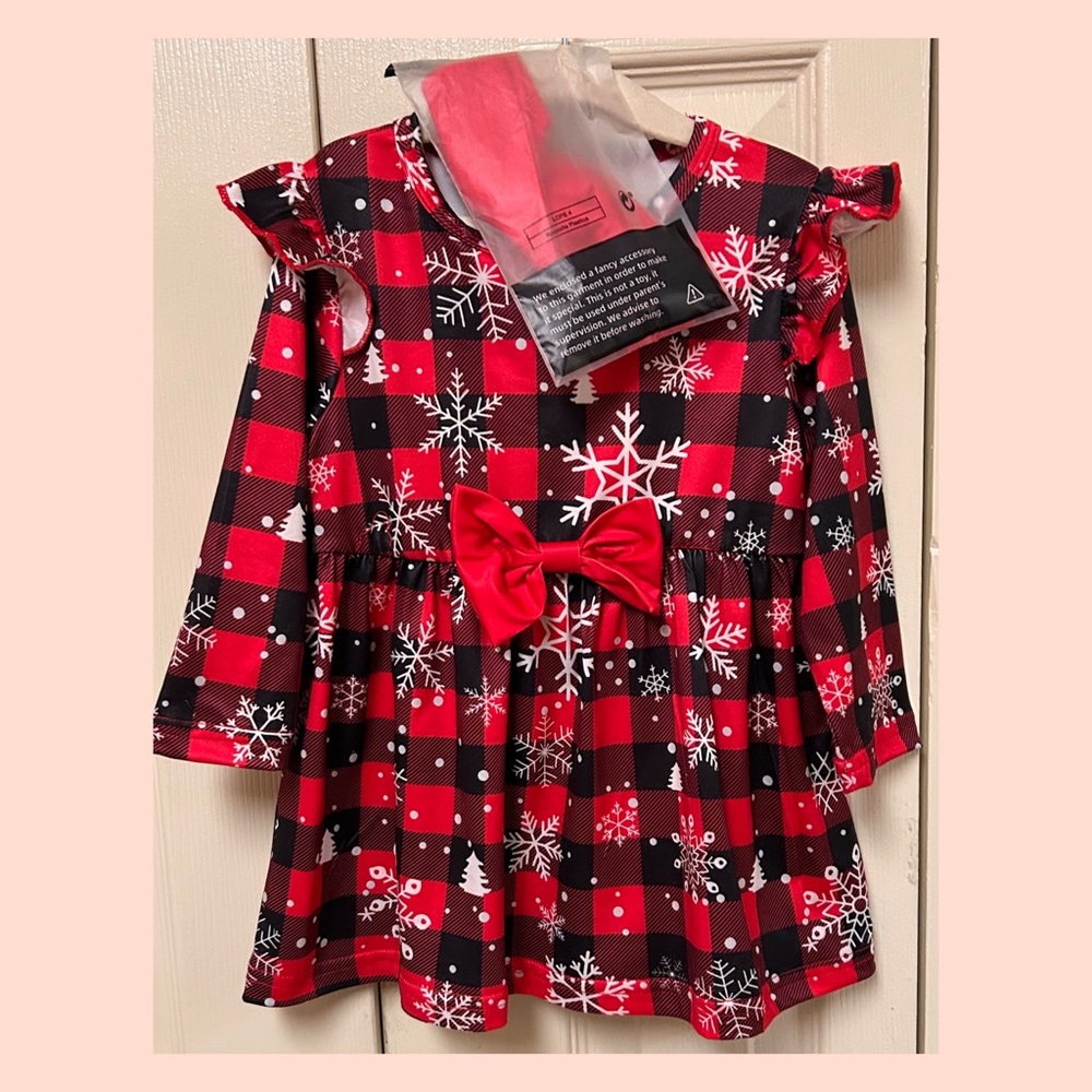 SHEIN Red and Black Plaid Kids Dress with Snowflakes
